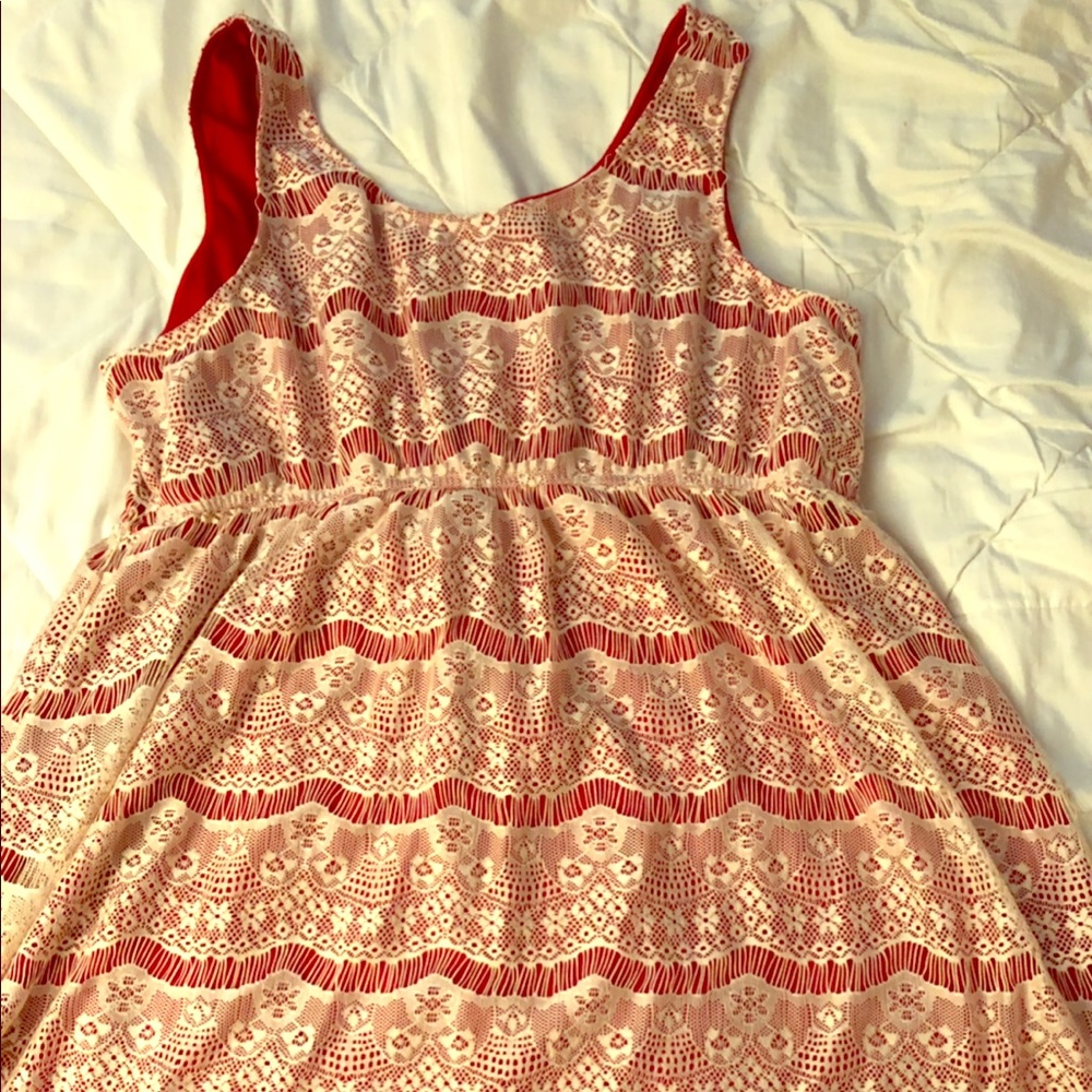 Red dress with white lace overlay